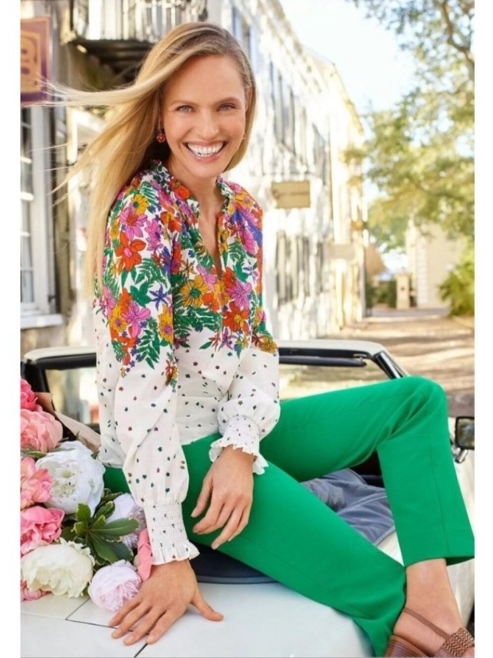 Talbots Blissful Floral Smocked Cuff Blouse Cotton Multicolor. Sz: Small Petite